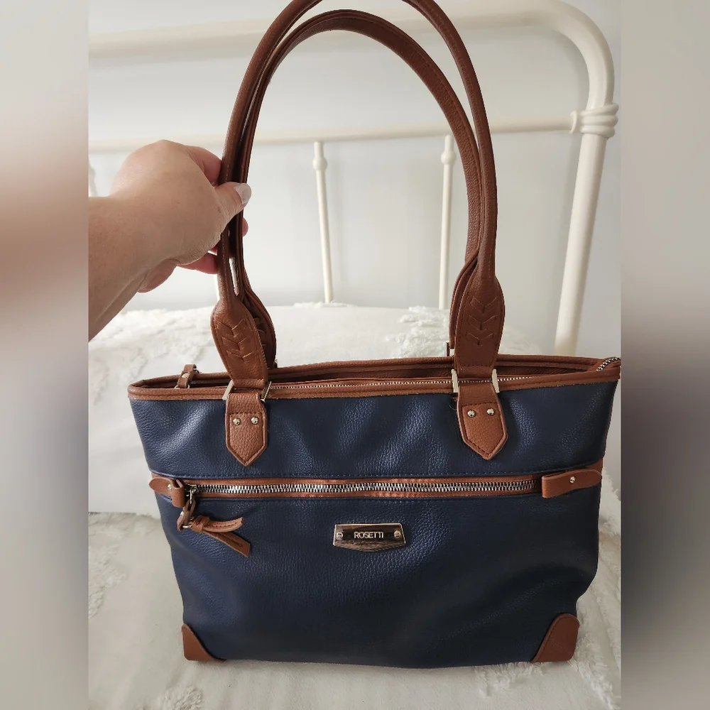 Rosetti Navy and Brown Two-Tone Messenger Tote Lots Of Pockets